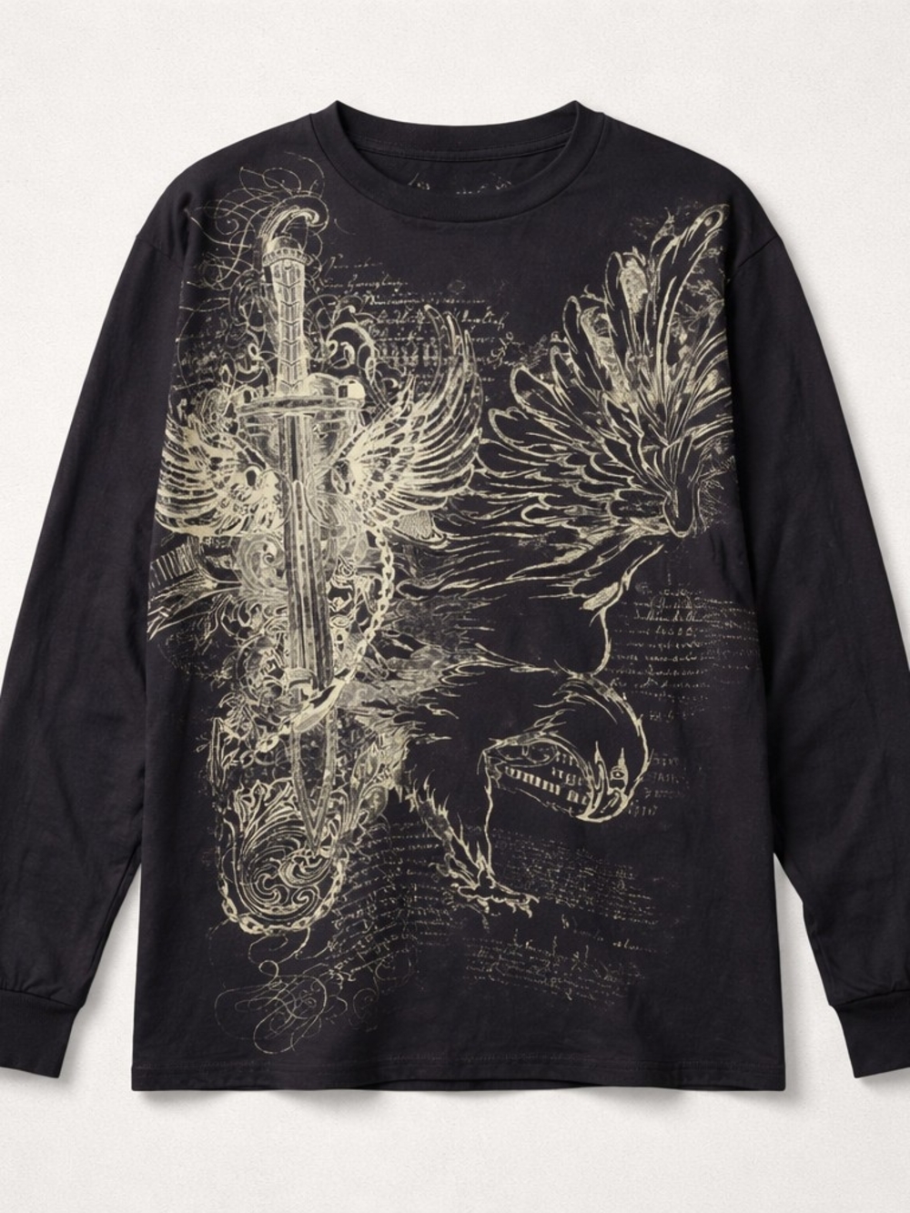 Black Graphic Long Sleeve Tee with Ivory Sword & Wing Design